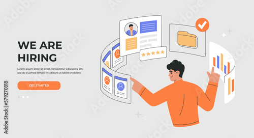 Recruitment, hiring employees concept. Selection the best candidate for job vacancy. CV resume analysis. Landing page template. Vector illustration isolated on light background, flat cartoon style