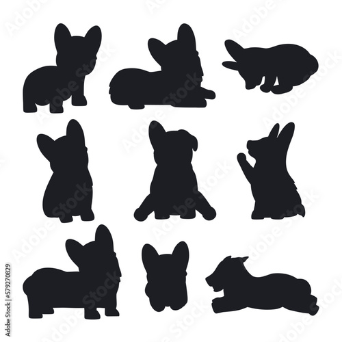 Set of black silhouettes of corgi dogs. Little pet animals in different poses. Hand drawn vector illustration isolated on white background, modern flat cartoon style