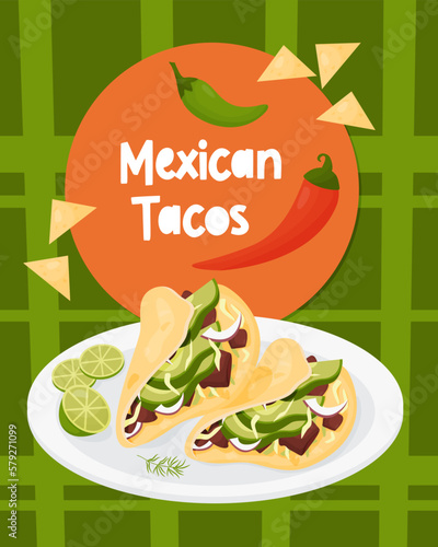Mexican Tacos. Traditional Mexican dish is beef tacos, wrapped in flour tortillas on plate with lime slices. Vector vertical poster of Latin American national dish for design menu and culinary themes