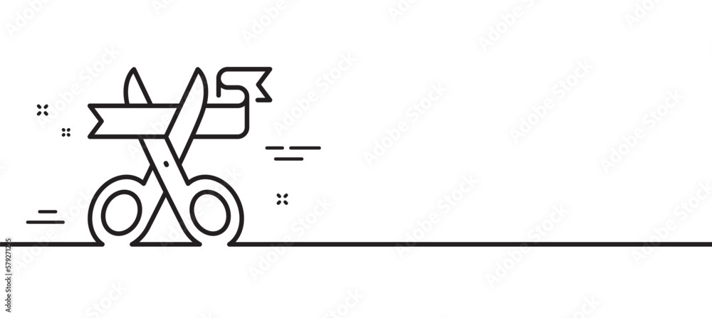 Cut ribbon line icon. Open ceremony sign. Inauguration scissors symbol. Minimal line illustration background. Cut ribbon line icon pattern banner. White web template concept. Vector Cut ribbon line icon. Open ceremony sign. Inauguration scissors symbol. Minimal line illustration background. Cut ribbon line icon pattern banner. White web template concept. Vector
