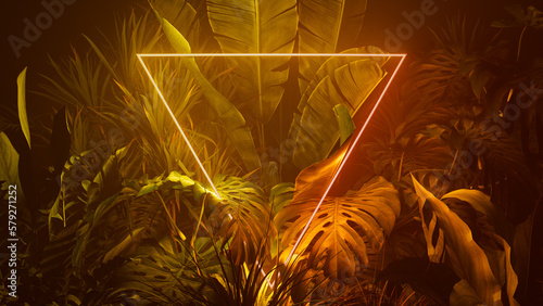 Tropical Plants Illuminated with Orange and Yellow Fluorescent Light. Nature Environment with Triangle shaped Neon Frame.