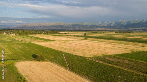 Mountains and fields in autumn from a bird's eye view