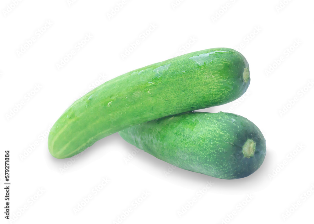 Two fresh green cucumbers vegetalble in stack, heap or pile isolated on white background with clipping path and shadow in png file format Two fresh green cucumbers vegetalble in stack, heap or pile isolated on white background with clipping path and shadow in png file format
