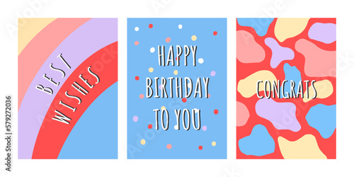 Set of greeting cards for celebration birthday. Hand drawn trendy cartoon cake, happy birthday lettering. Vector illustration	 photo