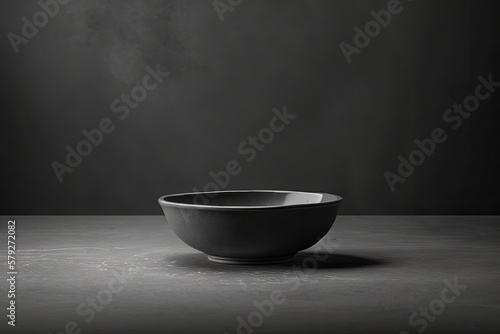 A lonely black bowl sits empty on a slab of slate. copy space on rough ceramic bowl backdrop. Generative AI