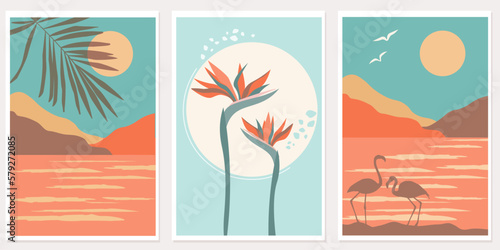 A set of abstract natural posters with the sea, clouds and the sun. Silhouettes of flamingos, strelitzia flowers. Tropical exotic standing landscape. Vector graphics.