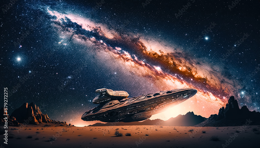Obraz premium AI Generative Illustration of a Creative Photo of The Vastness of the Universe A Spaceship in Front of the Milky Way Galaxy