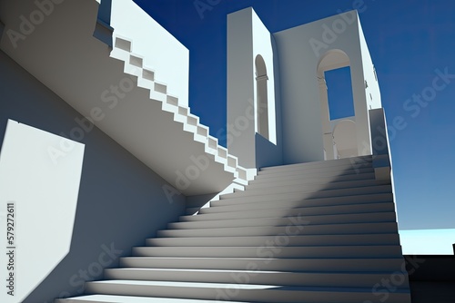 Exterior stairwell with a clear blue sky. Ascension stairway. Generative AI