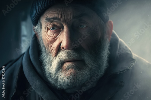 portrait of an elderly homeless man lonely sad bearded man on street. Generative AI