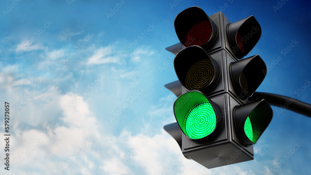 Green traffic light against blue sky. 3D illustration - obrazy, fototapety, plakaty 