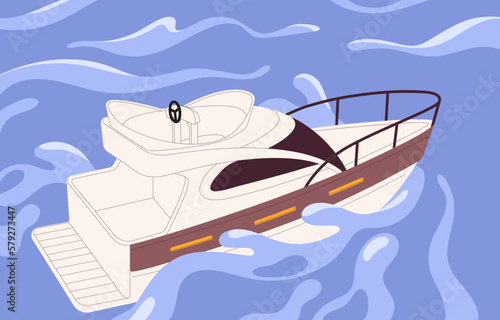 Sea boat, small yacht sailing in water. Cruise vessel, marine passenger transport for travel, tourism. Empty private ship, single deck ferry floating, swimming on waves. Flat vector illustration
