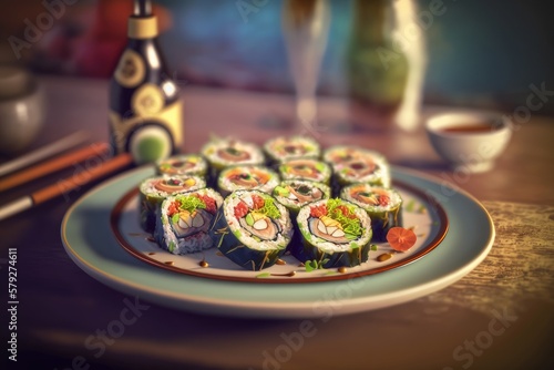 A set of Maki sushi on a luxurious plate, Japanese traditional food. Made by Ai, artificial intelligence.