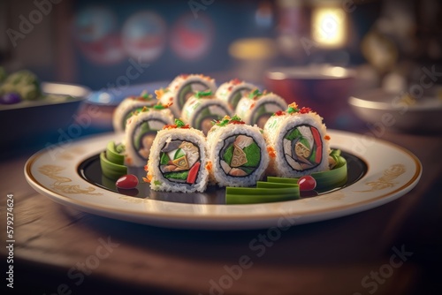 A set of Maki sushi on a luxurious plate, Japanese traditional food. Made by Ai, artificial intelligence.