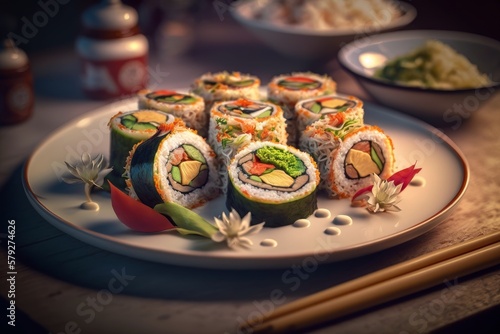 A set of Maki sushi on a luxurious plate, Japanese traditional food. Made by Ai, artificial intelligence.