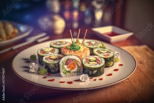 A set of Maki sushi on a luxurious plate  Japanese traditional food. Made by Ai  artificial intelligence.