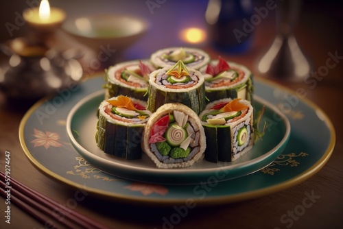 A set of Maki sushi on a luxurious plate, Japanese traditional food. Made by Ai, artificial intelligence.