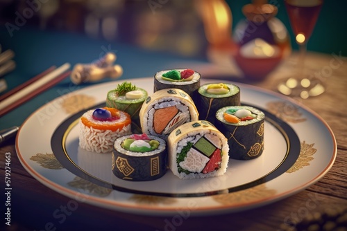 A set of Maki sushi on a luxurious plate, Japanese traditional food. Made by Ai, artificial intelligence.