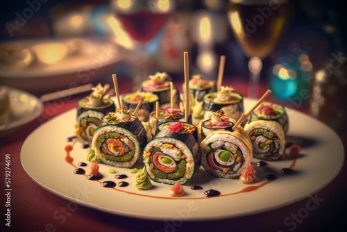 A set of Maki sushi on a luxurious plate, Japanese traditional food. Made by Ai, artificial intelligence.