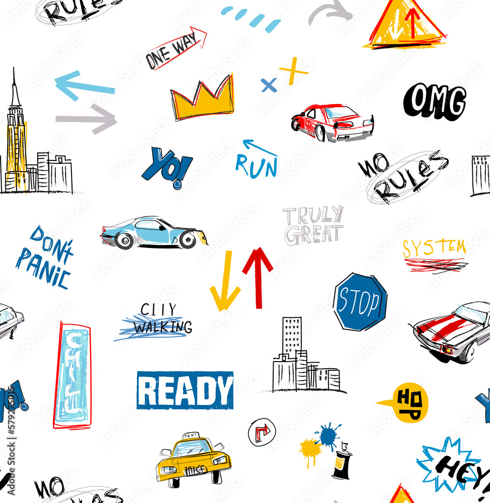 Hand drawn city seamless pattern with cars, signs, Park, houses on a white background. Illustration of a town in a cartoon style for Wallpaper, fabric, and textile design. Hand drawn city seamless pattern with cars, signs, Park, houses on a white background. Illustration of a town in a cartoon style for Wallpaper, fabric, and textile design.