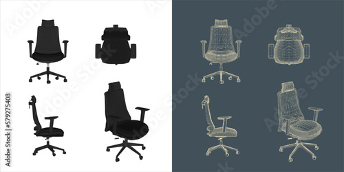 Vector modern Office chair ergonomic in various points of view. blue print isolated background