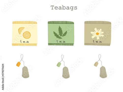 Teabags with different flavour lemon mint and camomile