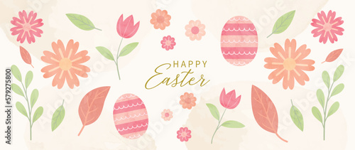 Wallpaper Mural Happy Easter watercolor element background vector. Hand painted easter eggs pastel color with spring flowers and leaf branch. Collection of adorable doodle design for decorative, card, kids, banner. Torontodigital.ca