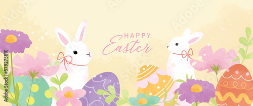 Happy Easter watercolor element background vector. Hand painted cute rabbits, easter eggs, spring flowers and leaf branch. Collection of adorable doodle design for decorative, card, kids, banner.
