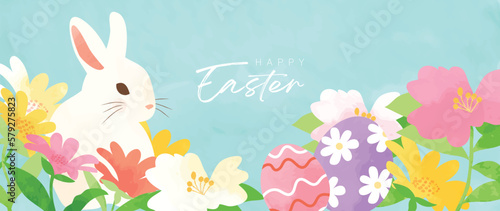 Happy Easter watercolor element background vector. Hand painted cute white rabbit, easter eggs and blooming spring flowers. Collection of adorable doodle design for decorative, card, kids, banner.