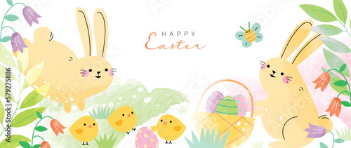 Happy Easter watercolor element background vector. Hand painted cute rabbits, easter eggs, chicks, flowers, basket, butterfly. Collection of adorable doodle design for decorative, card, kids, banner.