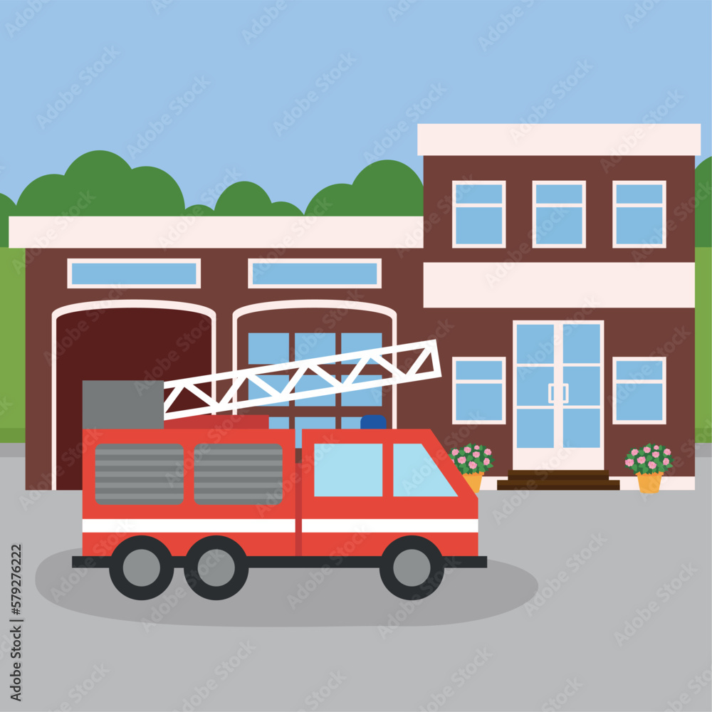 Fire truck on the background of the building. Vector illustration in flat style Fire truck on the background of the building. Vector illustration in flat style