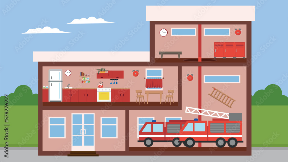 Fototapeta premium Vector illustration of a fire station with firetruck and fire truck