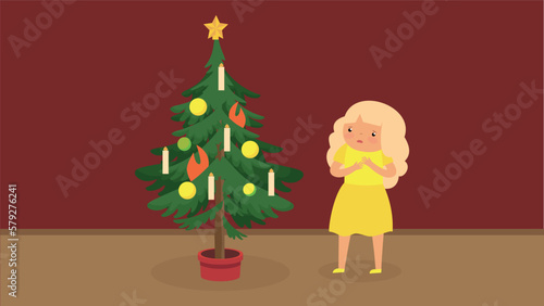 Girl in a yellow dress stands near a Christmas tree. Vector illustration