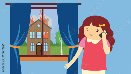 A girl talking on the phone in front of a burning house, vector illustration