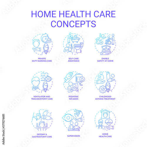 Home health care blue gradient concept icons set. Medical services providers. Nursing and assistance idea thin line color illustrations. Isolated symbols. Roboto-Medium  Myriad Pro-Bold fonts used