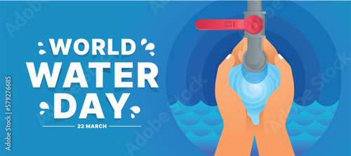 World water day - Top view hands hold water falling from tap on circle water wave texture and blue background vector design