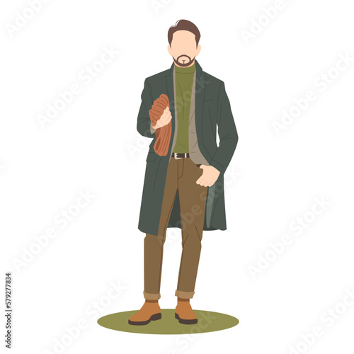 hipster man standing and posing carry shawl in stylish outfits illustration