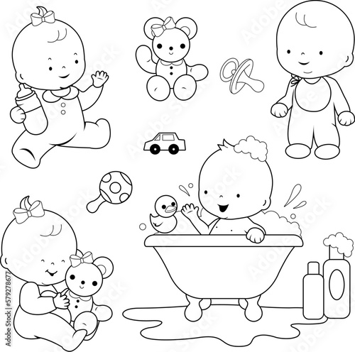 Babies daily routine. Babies taking a bath, playing, walking and drinking milk. Vector black and white coloring page