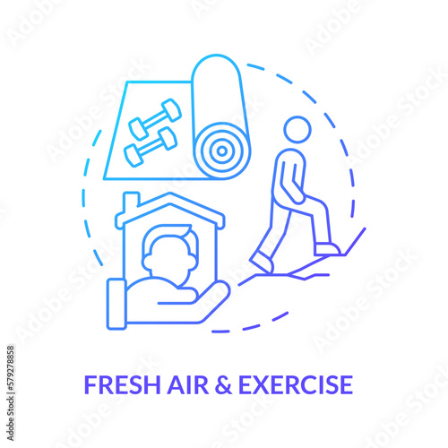 Fresh air and exercise blue gradient concept icon. Workout. Remote workplace wellbeing tip abstract idea thin line illustration. Isolated outline drawing. Myriad Pro-Bold font used