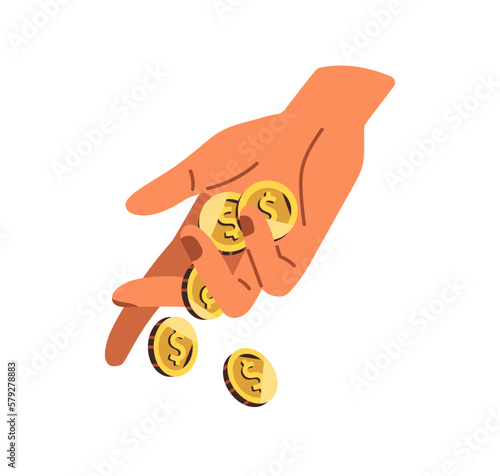 Money slips through fingers. Coins falling down, throwing away, slipping in fingers. Hand losing, dropping finance change, cash. Flat graphic vector illustration isolated on white background