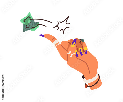 Careless spender, irresponsible attitude to money concept. Hand throwing, squandering, splurging, wasting finance. Financial abundance, excess. Flat vector illustration isolated on white background