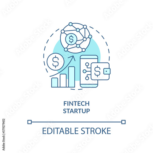 FinTech startup turquoise concept icon. Financial system. Best foundation industry abstract idea thin line illustration. Isolated outline drawing. Editable stroke. Arial, Myriad Pro-Bold fonts used