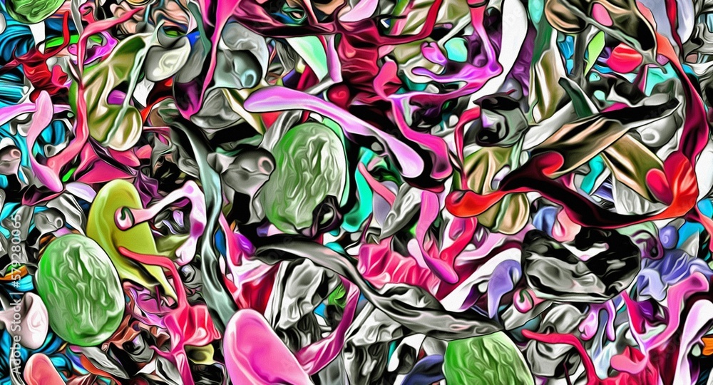 Abstract psychedelic fractal background of stylized watercolor illustration, colored chaotically blurred spots and paint strokes of different sizes and shapes