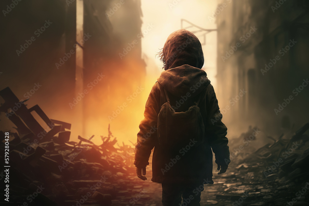 Fototapeta premium lonely child walks down the street of a destroyed bombed city. concept no war. Generative AI