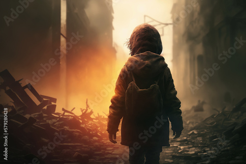 lonely child walks down the street of a destroyed bombed city. concept no war. Generative AI