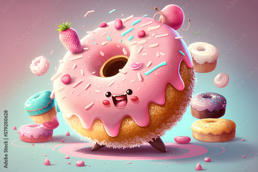 Cute sweet objects 3d illustration cartoon donuts on color background. Doughnuts day. Generative ai. Cute sweet objects 3d illustration cartoon donuts on color background. Doughnuts day. Generative ai.