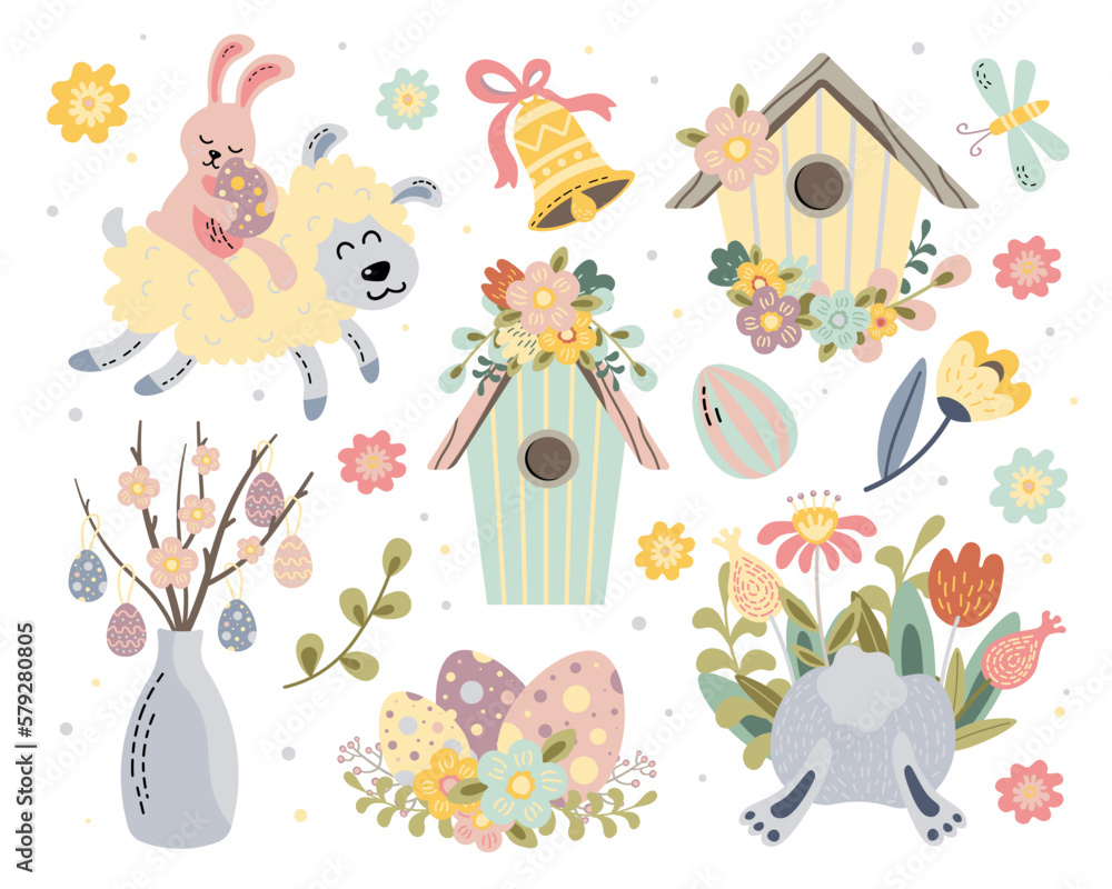 set of vector illustrations of traditional easter items bunny in the grass easter eggs birdhouse