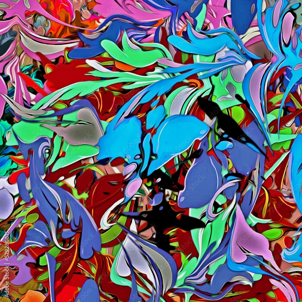 Abstract psychedelic fractal background of stylized watercolor illustration, colored chaotically blurred spots and paint strokes of different sizes and shapes