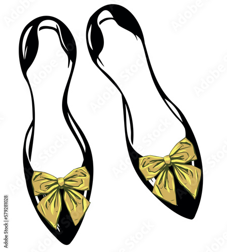 Comfortable shoes without a heel, decorated with gold bows. Ballet shoes - women's shoes, silhouette. Vector illustration for business, logo, shop design.