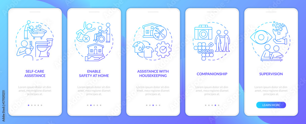 Personal care, assistance services blue gradient onboarding mobile app screen. Walkthrough 5 steps graphic instructions with linear concepts. UI, UX, GUI template. Myriad Pro-Bold, Regular fonts used