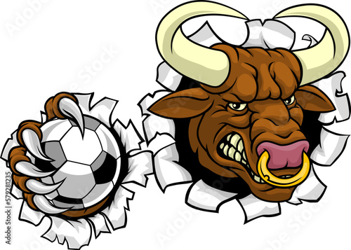 A bull or Minotaur monster longhorn cow angry mean soccer football mascot cartoon character.